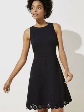 LOFT A- Line Ponte Eyelet Hem Dress Featuring A Solid Black Color
